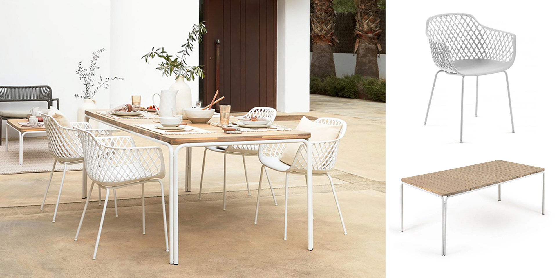 Matgrupp utomhus med fyra vita stolar och bord med träskiva och vitt stativ .